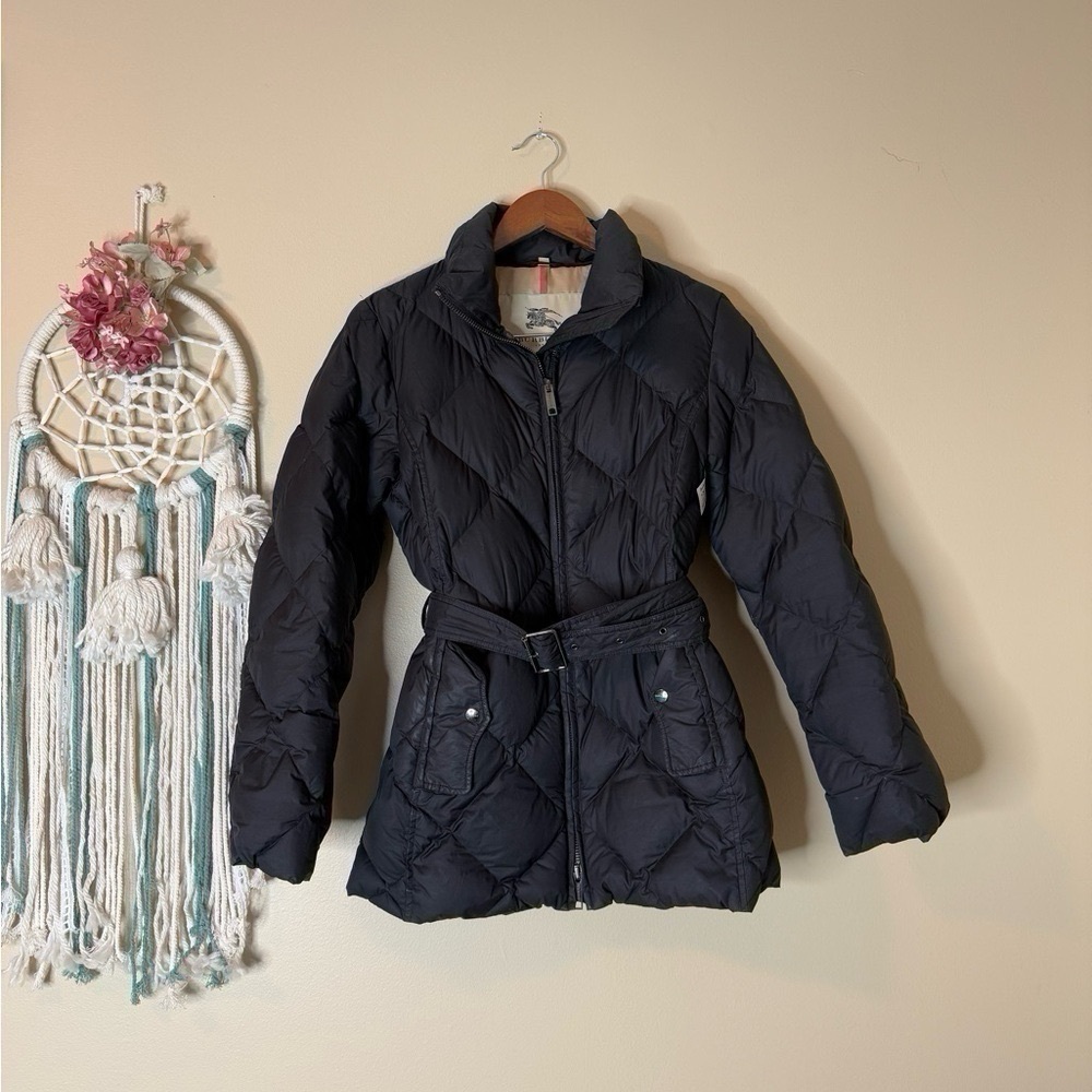 Burberry London Down Quilted Belted Puffer Jacket Nova Check Black Size Small